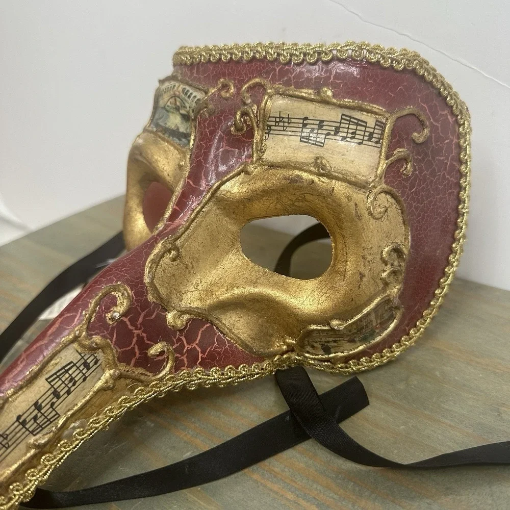 Red Gold Venetian Mardi Gras Nose Mask MASQUERADE CARNIVAL PARTY Music Notes